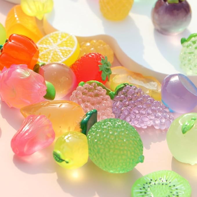 30PCS Mini Artificial Fruits Luminous Decor Resin Glow in The Dark Tiny Figures Small Banana Lemon Strawberries Grapes for Party Table Garden Figurines