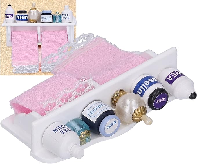 Dollhouse Towel Rack, 1:12 Towel Rack Makeup Cosmetic Set Dollhouse Bathroom Accessories