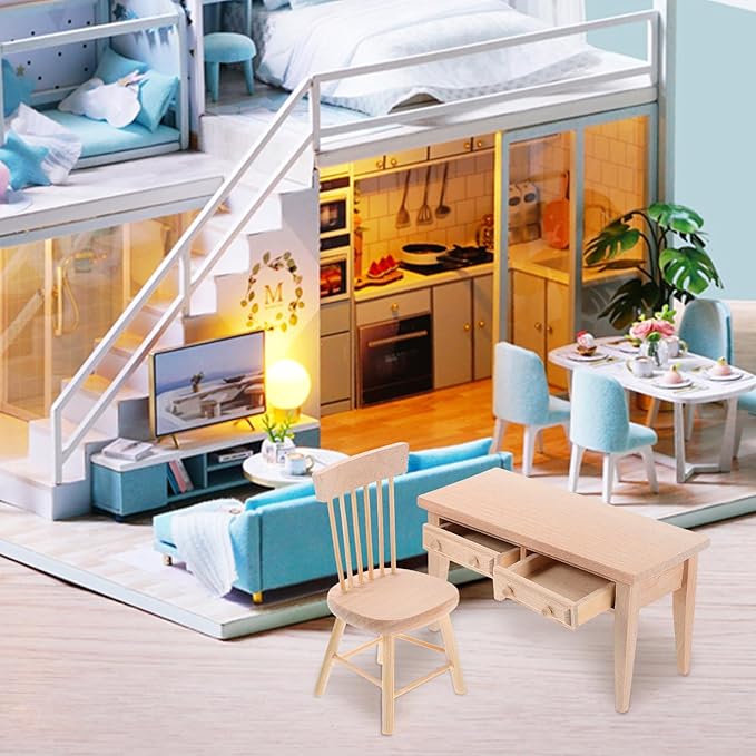 Wooden Dollhouse Furniture: Dolls Table & Chair Furniture Set Living Room Miniature Desk Chair for Mini House Accessories