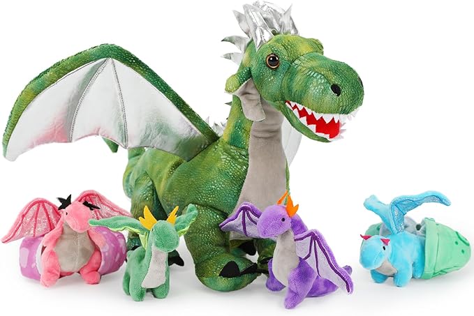 7Pcs Giant Green Dragon Plush Toy Set, 21.7" Big Mother Dragon Stuffed Animal with 4 Babies & 2 Eggs, Stuffed Dinosaurs for Kids Boys Girls, Cute Soft Plushies Gift for Birthday Christmas