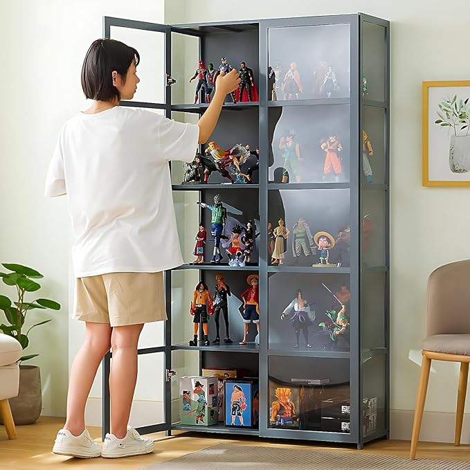 5-Tier Curio Display Cabinet with Acrylic Doors - 64” Transparent Display Case for Figures, Display Shelves for Collectibles & Storage Cabinets for Home, Office, Playroom, Living Room, Grey