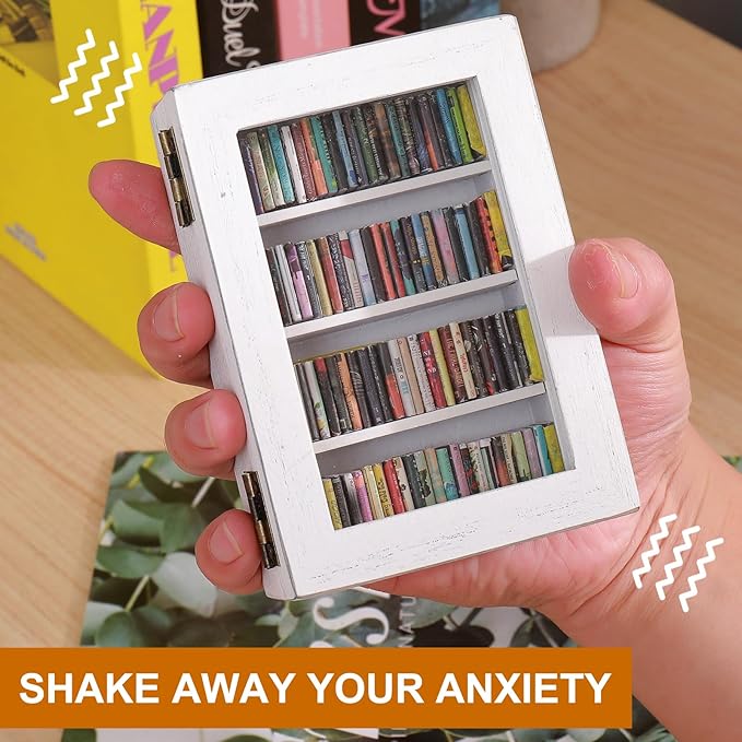 Anxiety Bookshelf Ornament With 100pcs Miniature Books| Anxiety Miniature Book Library | Small Wooden Pocket Bookshelf for Bookworms | Book Lovers Gift (White)