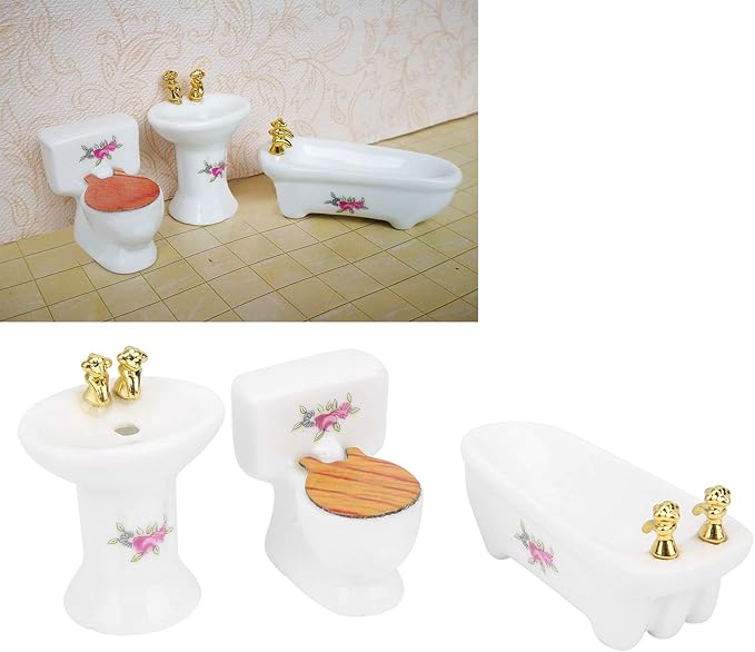 Aqur2020 1:24 Dollhouse Bathroom Set, Simulation Ceramic Bathtub Toilet Sink Kit with Metal Chain and Wood Lid for Miniature Dollhouse Bathroom Scene Decor (Rose)
