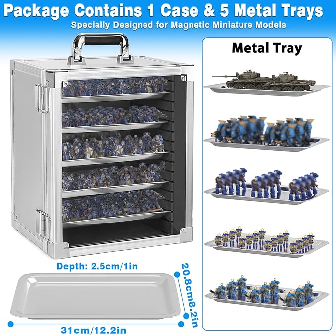 Miniature Carrying Storage Case Aluminum Alloy Frame Transport Case, Miniatures Transport Case with Lock and 5 Metal Tray