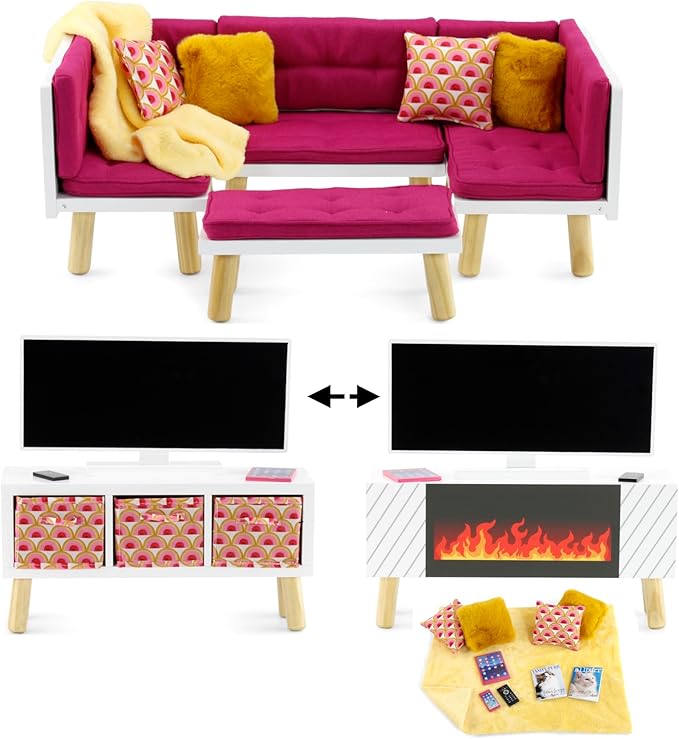 Emily Rose 18 Inch Doll Pink Living Room Furniture Set - Complete Entertainment Center with Reversible Console TV Sectional Couch Daybed - Fits American Girl Our Generation Dolls - 13 Piece Set