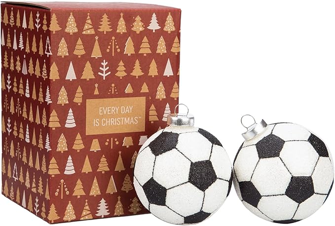 Every Day is Christmas Glass Blown Ornaments Cute Hand Made Figurines Tree Decoration, Set of 2 Soccer Ball