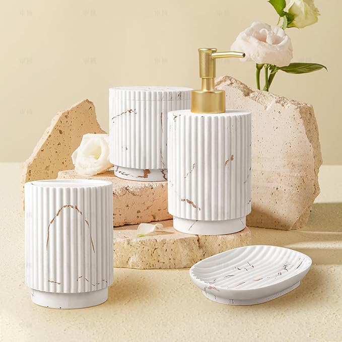 SEEYUAN Bathroom Accessories Set 4 Pcs-Toothbrush Holders Set, Soap Dispenser, Cotton Swab Jars, Vanity Tray, Bathroom Organizer for Modern Bathrooms Decor, Gift for Home Apartment