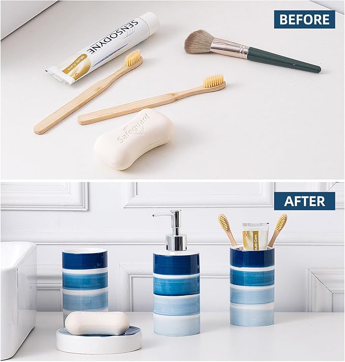 Bathroom Accessories Set, 4-Piece Blue Ceramic Bathroom Decorations Accessories Set, Contain Toothbrush Cup, Soap Dispenser, Soap Dish, Tumbler