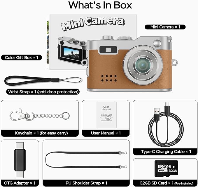 Mini Retro Camera with 1080P Video, 12MP Photos, Keychain Digital Camera, Ultra-Compact Tiny Camera with 32GB SD Card, OTG Adapter, Vintage Little Cameras for Travel, Daily Vlogging, Brown