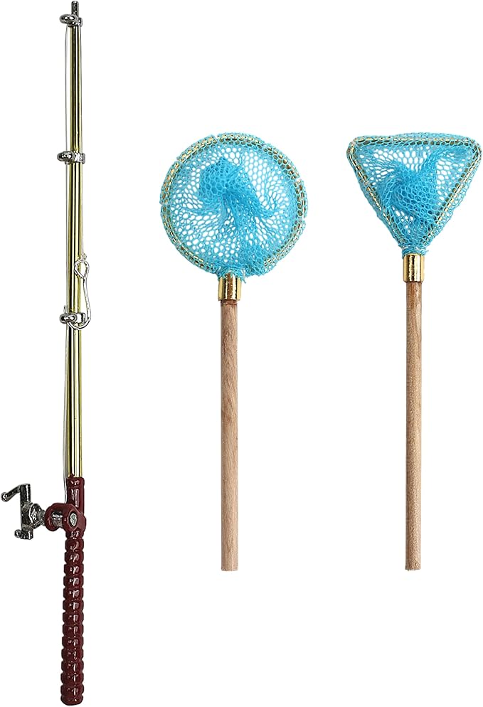 1 Set Miniature Fishing Rods and Fish Net Set for 1:12 Scale Dollhouse Decoration, Mini Fairy Garden Micro Landscape Furniture Accessories, Beach Pond House Decor Crafts with Fishing Pole Gear Models