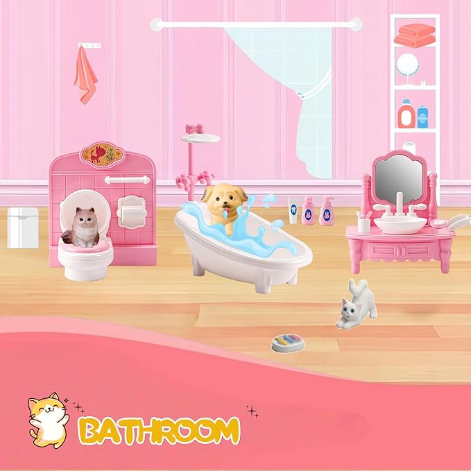 Dollhouse Furniture Set, Complete Room Collection with Kitchen, Dining, Living Room, Bedroom and Bathroom Accessories, Plastic (36-Piece Pink)