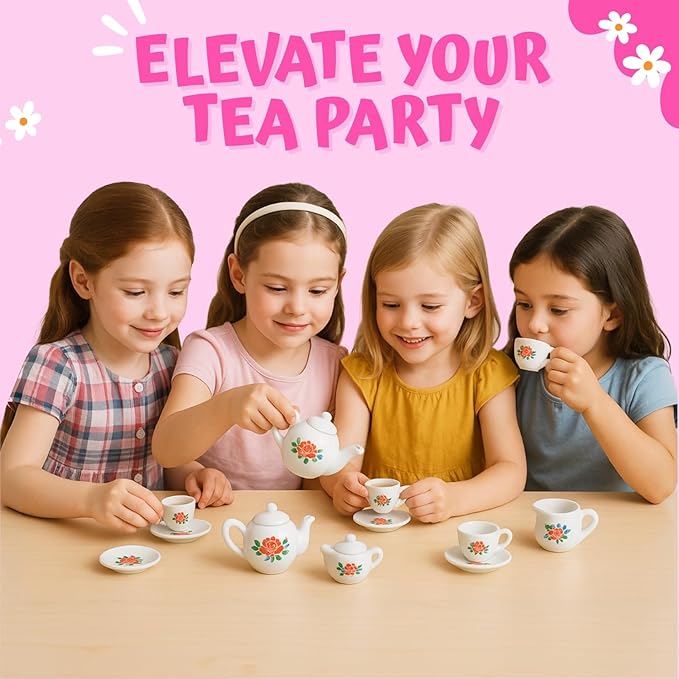 17 Pieces Floral Miniature Porcelain Ceramic Tea Set - Pretend Play Kids Toy Mini Kitchen Playset, Fun Doll Dramatic Play for Little Girls, Kids