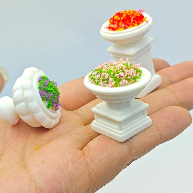 Miniature Dollhouse Plant Flowers, Mini Potted Plant Artificial Tiny Flowers Plants,Tiny Fake Greenery Bonsai Ornament Crafts for Doll House Accessories (Roman Style)