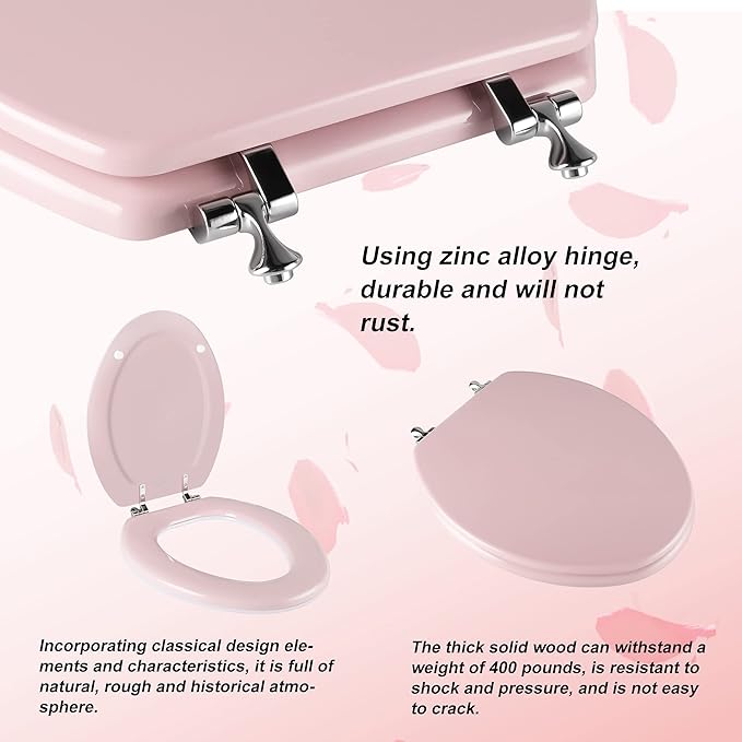 Pink Elongated Toilet Seat Natural Wood Toilet Seat with Zinc Alloy Hinges, Easy to Install also Easy to Clean, Scratch Resistant Toilet Seat by Angol Shiold (Elongated, Pink)