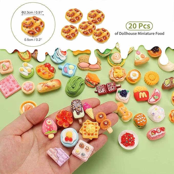 Dollhouse Miniature Food, Cute Baked Pancake Figures Toys Mini Resin Foods Trinkets for Pretend Play Kitchen Cooking Game & Doll House Decor (Mixing Colors, 20pcs)