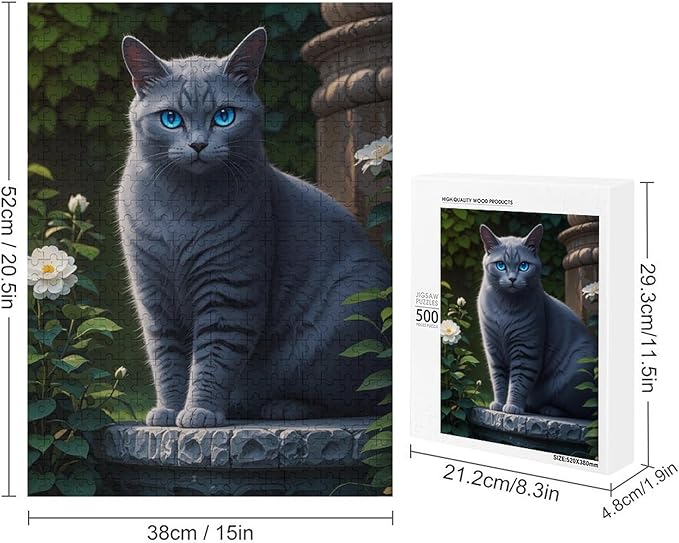 Jigsaw Puzzles for Adults 500 Piece - Cute Russian Blue Cat Animal Themed Wooden Puzzle,Challenge Puzzles Puzzle Games,Stress Relief Games,Funny Puzzles，Unique Gifts for Wall Art