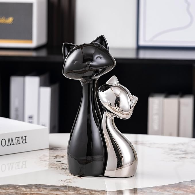 SURE YUESI Ceramic Cat Statue Set, Black & Silver Cute Home Decor Figurines, Lucky Cats Desk Accessories for Cat Lovers, Memorial Cats Themed, Modern Collectible Decor for Bookshelf, Living Room