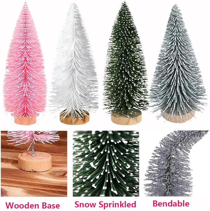 Yahpetes Artificial Mini Christmas Trees, 30 Pcs Sisal Snow Pines in 5 Sizes, Crafting Displaying Decoration, Tabletop Xmas Tree for Home, Party (Pink/White/Green)