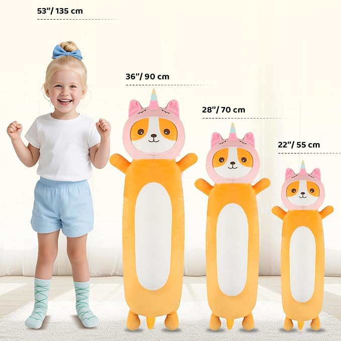 22 Inch Kawaii Unicorn Dog Long Plush Body Pillow Toy, Soft Corgi Shiba Inu Plushies with Stuffy Unicorn Outfit Big Stuffed Animals Gift for Kids Boys Girls, Birthday, Halloween, Christmas