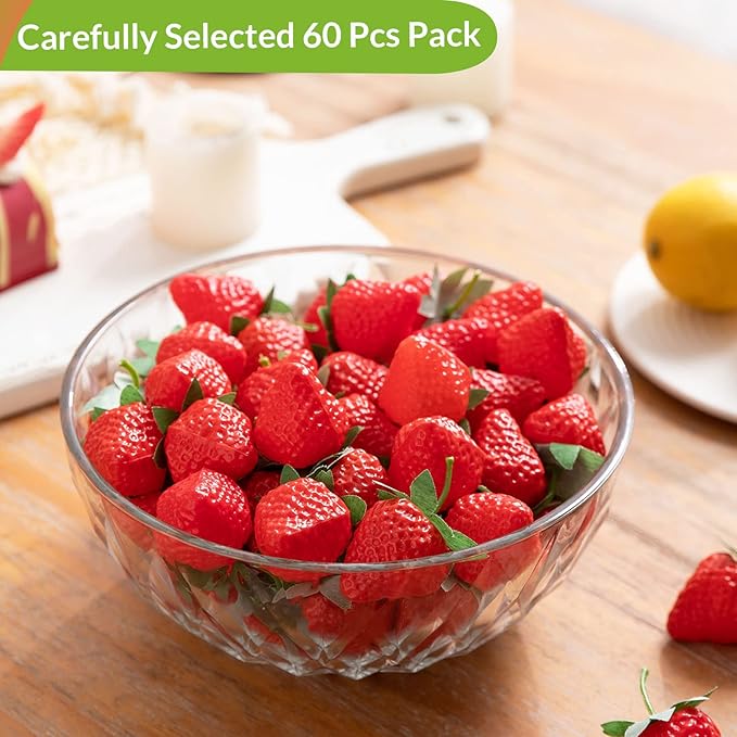 60 Pieces Fake Strawberries Décor, Fake Fruit Artificial Strawberry Kitchen Décor, Plastic Strawberry Party Decorations, Realistic Fake Food Lifelike for Display Photography Props