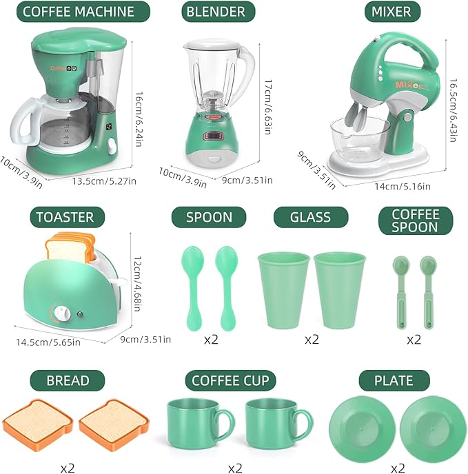 Play Kitchen Toys, Pretend Play Kitchen Appliances Toy Set with Coffee Maker, Mixer, Toaster with Realistic Lights& Sounds, Birthday Gift for Kids Ages 3-5 4-6 6-8 (Green)