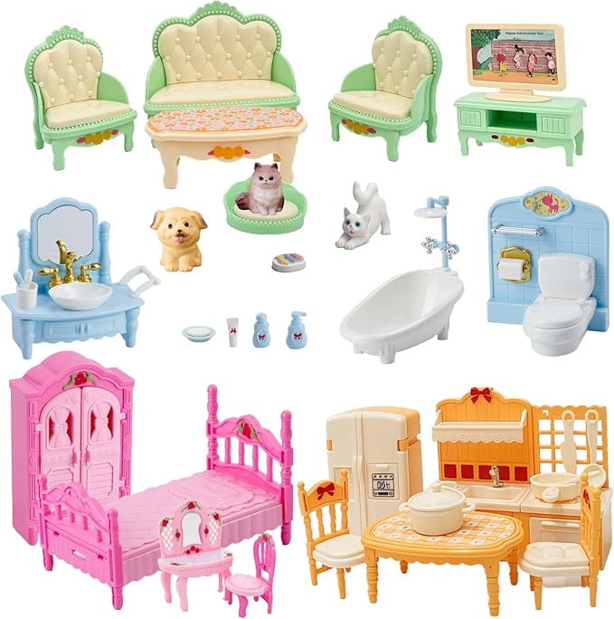 Xadothat Dollhouse Furniture Set, Complete Room Collection with Kitchen, Dining, Living Room, Bedroom and Bathroom Accessories, Plastic (36-Piece Macaron Colors)