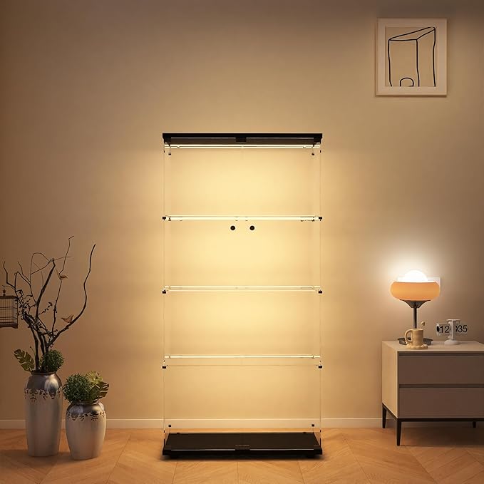 Modern 4-Tier Glass Display Shelf with 2 Doors, Curio Cabinet Collection - Floor Standing Display Case for Living Room, Bedroom, Home Office - 30" W x 14.5" D x 64" H (Black with LED Light Strip)