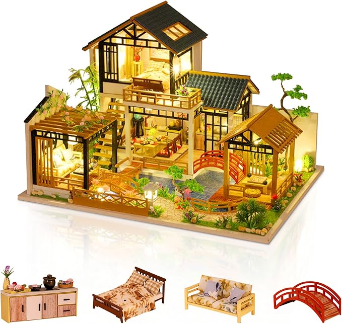 GuDoQi DIY Miniature Dollhouse Kit, Tiny House kit with Furniture, Miniature House Kit 1:24 Scale, Great Handmade Crafts Gift for Birthday Christmas Day, Villa with Courtyard
