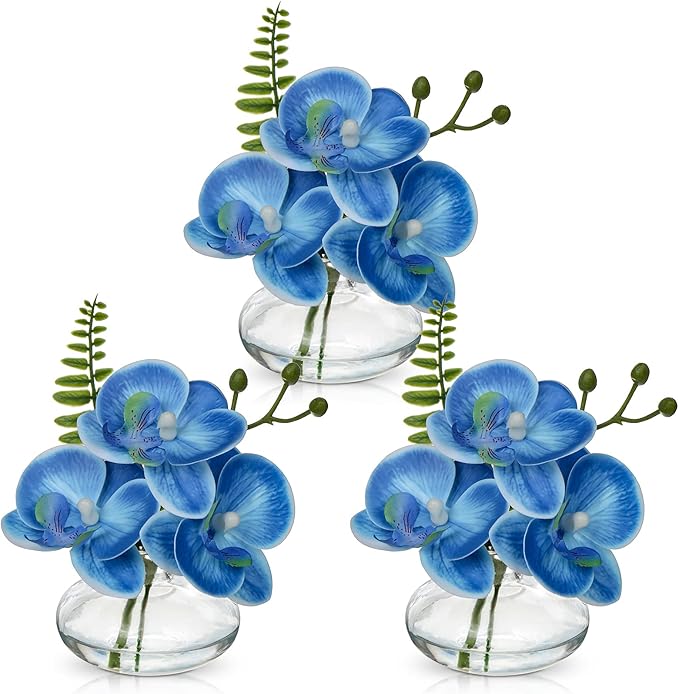 Oairse Blue Orchids Artificial Flowers Faux Orchids Arrangement in Clear Glass Vases Set of 3 Real Touch Phalaenopsis Orchid Flowers Small Fake Orchid Centerpiece for Dining Room Table
