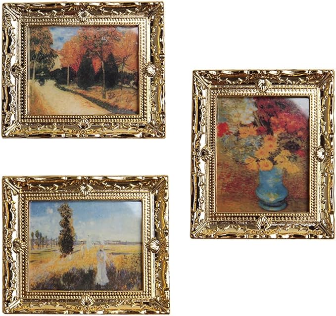 Acxico 3Pcs 1:12 Mini Miniature Gold Frame Art Wall Picture Oil Painting Home Decor