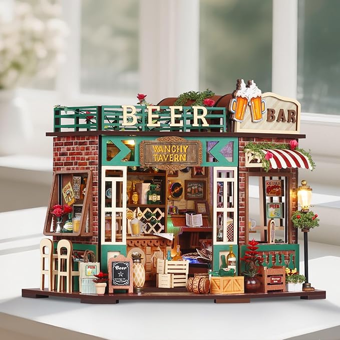 TuKIIE DIY Miniature House Kit with Furniture, 1:24 Scale Creative Room Mini Wooden Christmas Dollhouse Book Nook for Kids Teens Adults(Beer Bar)