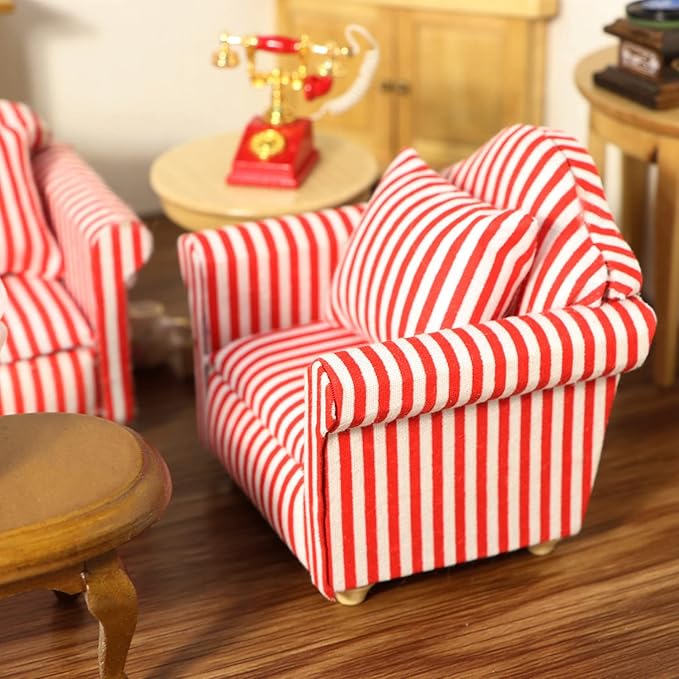 Dollhouse Couch with Pillow 1 12 Scale Miniature Sofa Arm Chair Living Room Furniture Wooden Fabric Frame Single Reading Chair Artificial House Room Scene Decoration (Stripe)