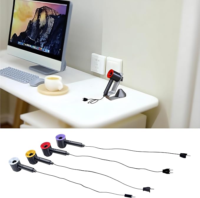 Miniature Hair Dryer Set with Stand & Nozzle – 1:12 Scale Realistic Dollhouse Bathroom, Bedroom Vanity, Miniature Beauty Styling Accessory, Hair Salon Decor, DIY Display & Collector Ornament (Red)
