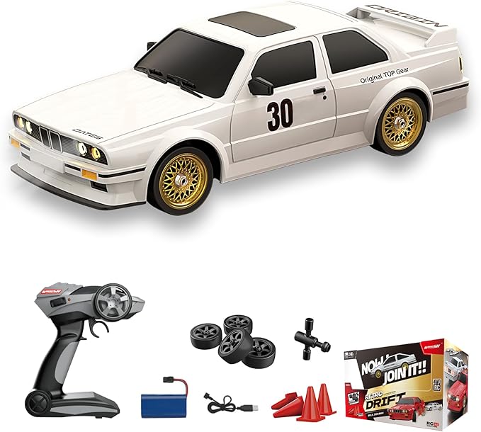 1:16 Scale RC Drift Car, 30KM/H 4WD 2.4GHz Remote Control Cars with LED Light, Racing and 4 Drifting Wheels, 3 Rechargeable Batteries, Perfect Toy Gift for Teen Adults White