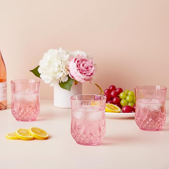 LEYIQU Stemless Wine Glasses, Plastic Reusable Cups Vintage Drinking Glasses Tumblers, Valentine’s Day Gifts for Couples, for Whisky, Beer, Juice, Beverages, Cocktai (24, Pink)