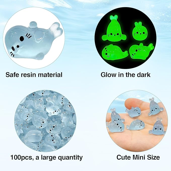 100Pcs Glow in The Dark Mini Seal Figurines Cute Luminous Resin Sea Animals 4 Styles Seal Pup DIY Tiny Ocean Creatures for Fairy Garden Aquarium Decor