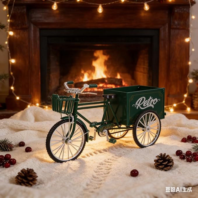 LOGOFUN Mini Tricycle Dollhouse 1:12 Miniature Vintage Vehicle Model Tiny Metal Tricycle Ornament for Micro Scene Outdoor Accessories - Green