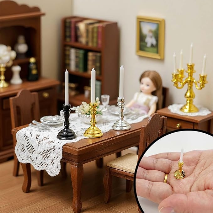 3-Piece Dollhouse Miniature Candle Holder Set, Vintage Style Simulation Candlesticks, 1/12 Scale Candles for Doll House Desk Ornament & Fairy Garden Decor （Gold