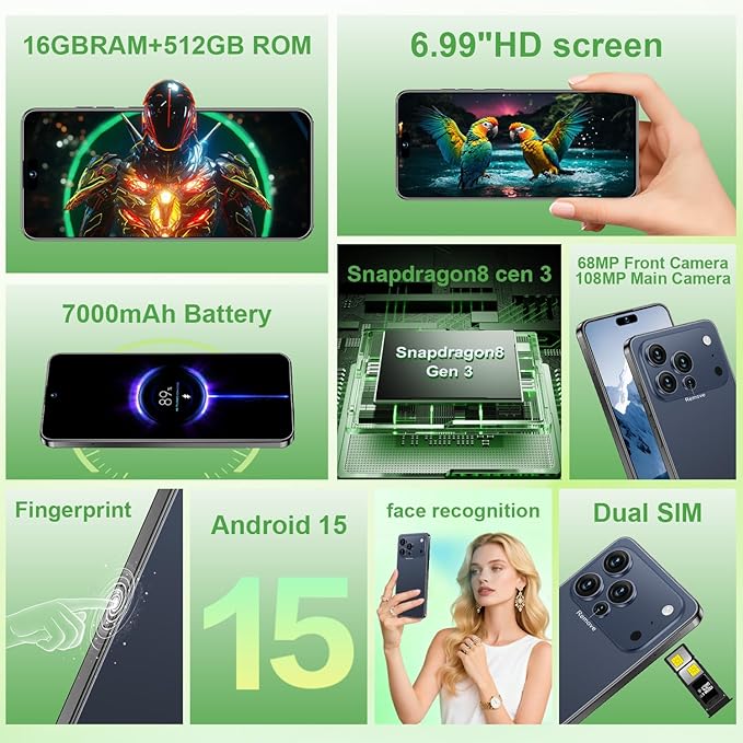 Huness I17PROMAX Smartphone Unlocked Cell Phone,6.99" HD Screen Unlocked Phone,16+512GB Android 15 Battery 7000mAh,Face ID/Dual SIM/5G/Fingerprint Button Unlock/Photos/GPS (Deep Blue, 16+512G)