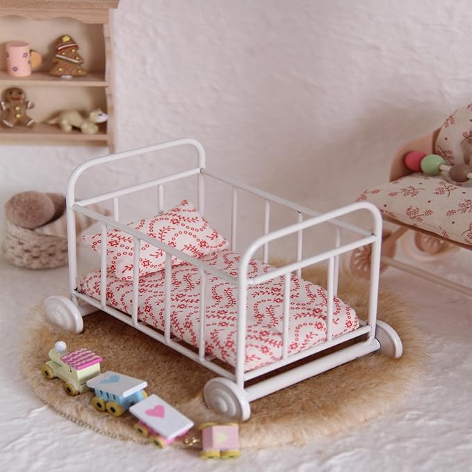 Funky Mini House 1:12 Dollhouse Mini Crib with Bedding - Smooth Rolling Wheels, for Miniature Enthusiasts, Dollhouse Interior Decor