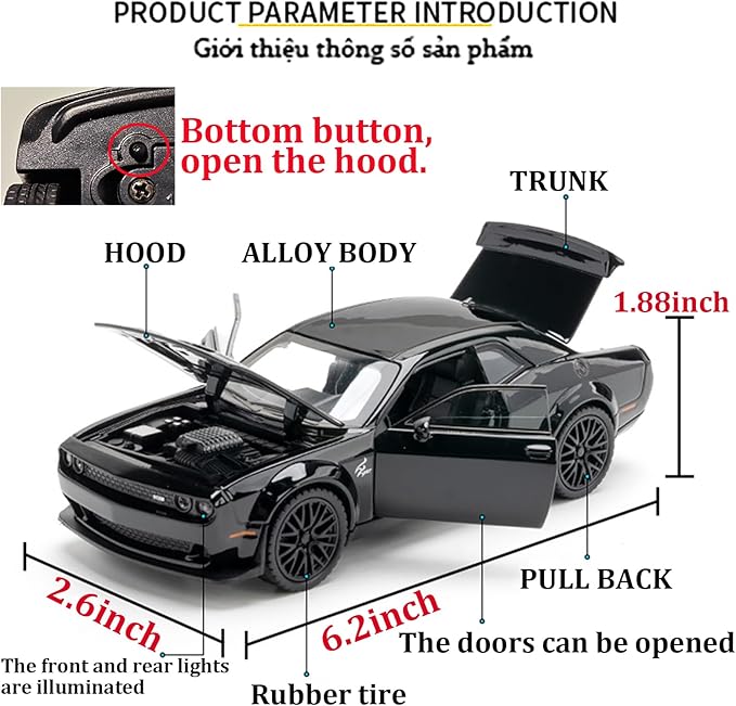Toy Car Model 1/32 Challenger Hellcat Alloy Model Car with Light and Sound Collectible Model Cars Pull Back Toy Vehicles for Boys Children Age 3 + Year Old