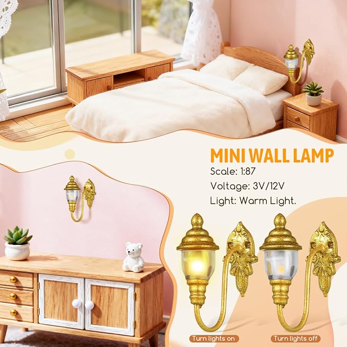 DOITOOOL 4 Pcs Dollhouse Wall Lights, Mini Vintage Doll House Lights Dollhouse Wall Sconces 1:87 Scale Miniature Lamps Models for DIY Micro Landscape Sand Table Ornaments, Golden