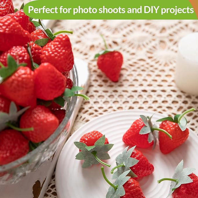 100 Pieces Fake Strawberries Fake Fruit Artificial Strawberry Kitchen Décor Plastic Strawberry Party Decorations Realistic Fake Food Lifelike for Display Photography Props