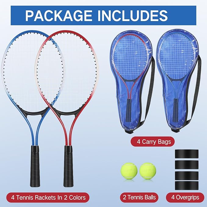 Motionchic Tennis Rackets Recreational 21 Inch Lightweight Tennis Racket with Balls for Training Beginners with Overgrips Carry Bag(Blue,Red)
