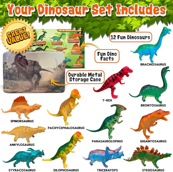 3 Bees & Me Dinosaur Toys for Kids 3-5 & 5-7 Boys & Girls - 12 6" Fun Prehistoric Animal Action Figures with Storage Box, Age 3+, Girls & Boys Dinosaur Toys for Toddlers & Kids