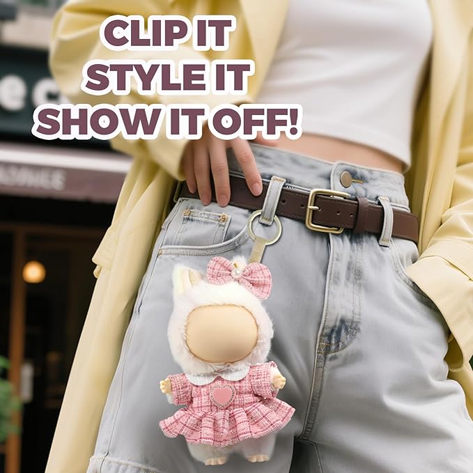 Clothes for LABUBU Doll (NO Doll), Luxury Chic Style 2-Piece Accessories for LABUBU 17cm Dolls, Premium Fashion Outfits for LABUBU - Bow Headdress + Plaid Tweed Dress (White)
