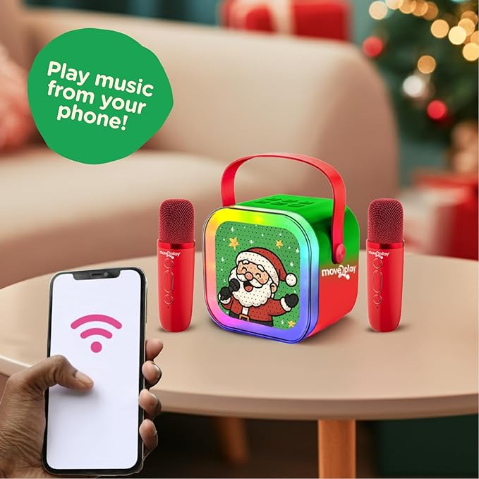 Move2Play, Mini Karaoke Machine for Kids | Built-in 8 Christmas Songs | Bluetooth Speaker with Microphones | Voice Effects | Toddler Music Toy | Stocking Stuffer | Girls & Boys Age 2, 3, 4, 5, 6+