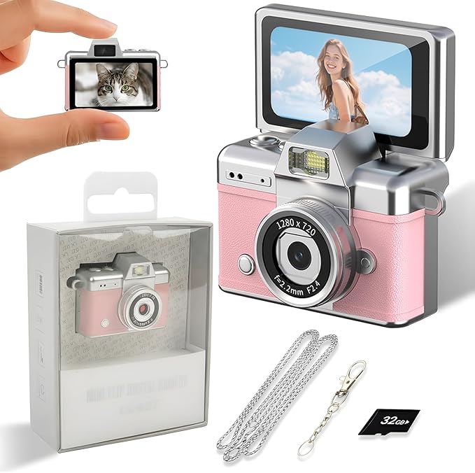 Mini Keychain Camera, 2K Retro Digital Camera with 1.47‘’ Flip Screen & Built-in Flash for Selfies - Includes 32GB SD Card, Strap - Perfect for Travel, Concert, Vlogging