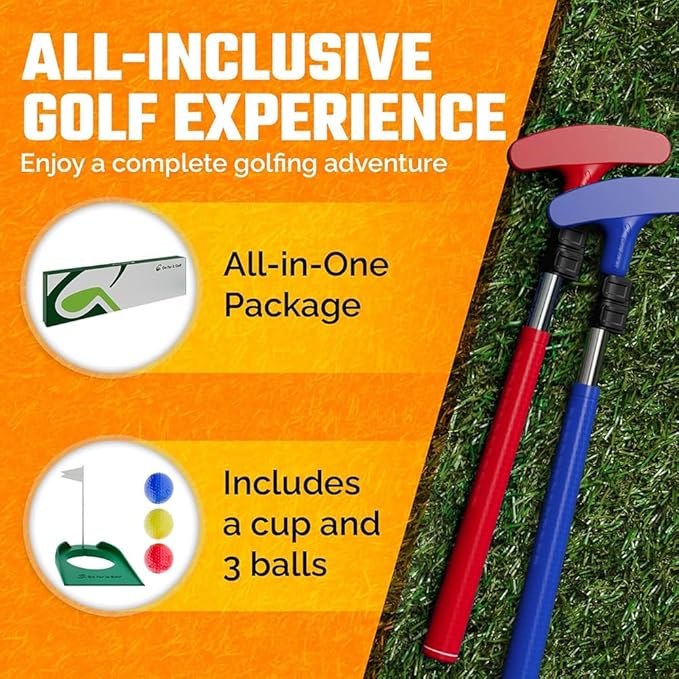 Go For It Golf Kids Putter - Extendable Shaft for Junior Golfers - Adjustable Size for Right and Left Hand - Perfect Training Club for Kids - Includes 3 Balls, Cup with Flag 17"-35"