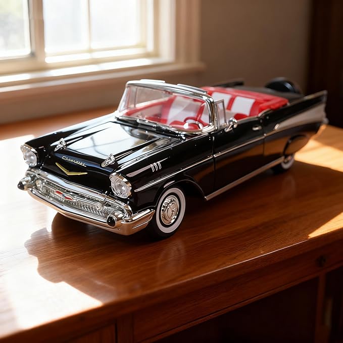 1957 Chevrolet Bel Air Alloy Collector Model Car - 1:18 Scale Classic Replica with Chrome Accents, Opening Doors & Display Base - Iconic American Golden Age Sedan Model（Black）